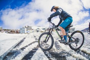 mountain bike in the snow on ben lomond
